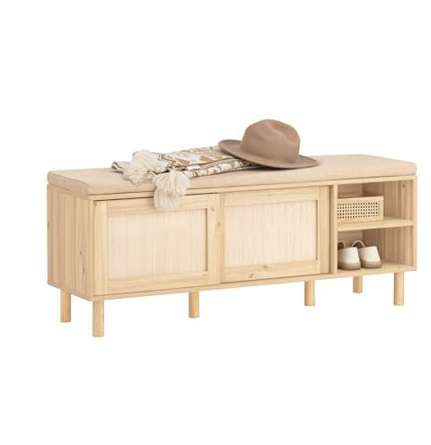 SoBuy Banco Zapatero con Asiento y Almacenaje - Banco Entrada Recibidor con 2 Puertas de Ratán + 2 Estantes Abiertos - Estilo Rústico para Recibidores Dormitorios y Pasillos - 121x35x49cm FSR163-N