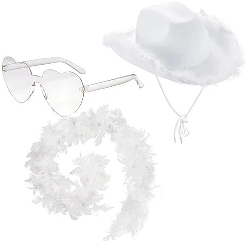 ZOOMPIL Cowgirl Hut Weiß, Weißer Cowboyhut, Filz-Cowboy-Hut für Frauen, Cowgirl Hut, mit Herzbrille Und Federboa, für Erwachsene Partyhut und Play Dress-Up, Weiss