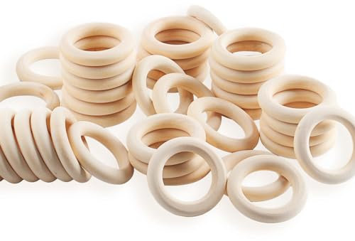 WELHAEPI Holzringe zum Basteln, 40 Stk Holz Ringe, Natürliche Holz Makramee Ringe, Unvollendete Hölzern Holzringe für DIY Schmuck Armband Makramee Anhänger Hängende Dekoration Ringe - 45mm