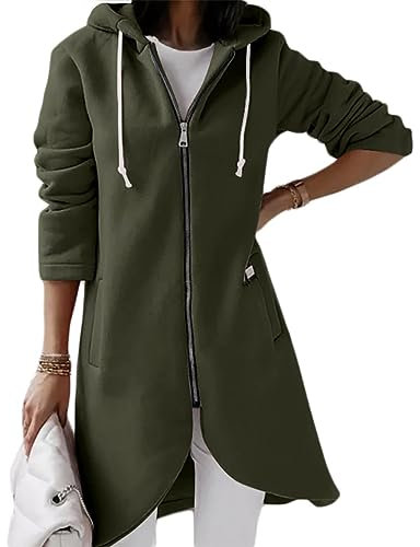 shownicer Giacca Lunga con Cappuccio Donna Manica Lunga Felpe Hoodie Casual Leggera Sweatshirt con Zip Autunno Invernali Tinta Unita Lunga Cappotto Cardigan con Tasche A Verde Scuro 3XL