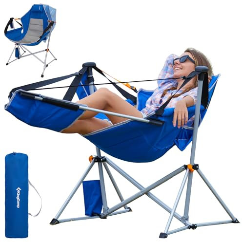 KingCamp Campingstuhl faltbar Faltstuhl mit Fußstütze, Alu Verstellbarer Rücken Camping Stuhl mit Getränkehalter, Gartenstuhl für Outdoor Reisen Garten Strand, Blau