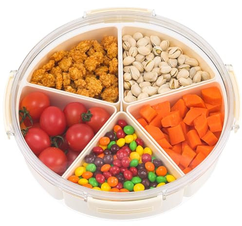 HNNJCK Bol à Collation Avec Couvercle, Assiette Compartiments, En Plastique, Boîte De Rangement, Collation, Organisateur Pour Bonbons, Légumes, Biscuits, Noix, Fruits (Rond)