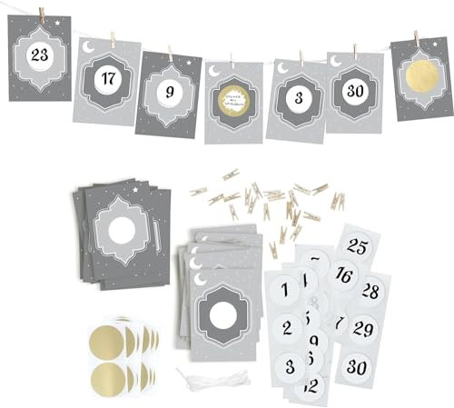 Mimi und Anton Ramadan Kalender zum Rubbeln, 30 Ramadan Adventskalender, Eid Mubarak, | Bastelset 122 Teile | Gute Taten statt Zeug Rubbelkalender im modernen Grau GOLD Look, Boho