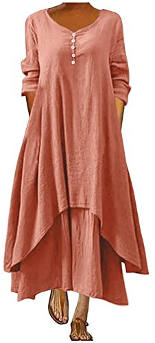AMhomely Plus Size Boho Maxi Dresses Ladies Linen Summer Dresses Plus Size Long Sleeve Lagenlook Dress Elegant Party Casual V Neck A-line Tea Plain Baggy Holiday Pink 5XL