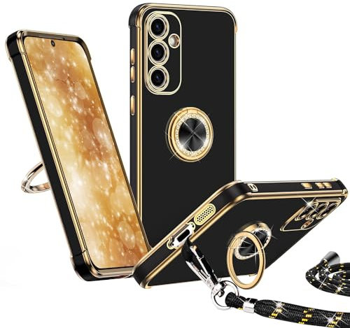 Keteen Handyband für Samsung Galaxy S24 Hülle mit Band, Handyhülle für Samsung S24 mit 360° Metall Ring Halter Ständer Dünn Stoßfeste Anti-Kratzt Schutzhülle für Samsung Galaxy S24, Schwarz