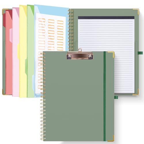 HAUTOCO Klemmbrett A4 Ordner Mit Nachfüllbarem Linierten Notizblock, 5 Ordnern, 10 Taschen, Klemmbrett A4 mit Deckel, Spiral Clip Board für Schule, Grün