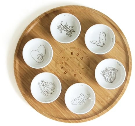 Mickala 13” Passover Seder Plate with 6 Black and White Ceramic Bowls, Hand Made Bamboo Passover Sedar Plate Set, Giftable Packaging, Jewish Holiday and Traditional Table Decorations Gift