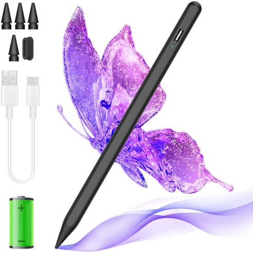 Stylus Stift für iPad 2018–2025,14 Mins schnelles Aufladen,Bluetooth Stift kompatibel mit iPad 10/9/8/7,mit 4 Spitzen,Schwarz