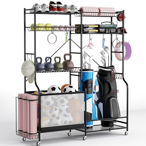 COSTWAY Sports Equipment Organizer, Metal Ball Storage Rack with Wheels, Yoga Mat Holder, 5 Adjustable Shelves, Basket and Hooks, Extra Large Golf Bag Holder
