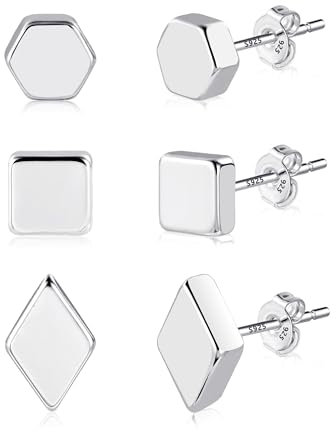 Silber 925 Ohrringe Kleine Ohrstecker Set Damen, Kleine Geometrische Ohrstecker Hypoallergen Quadratische Ohrstecker Kleine Sechseckiges Ohrstecker Statement Flaches Ohrringe für Mehreren Piercings
