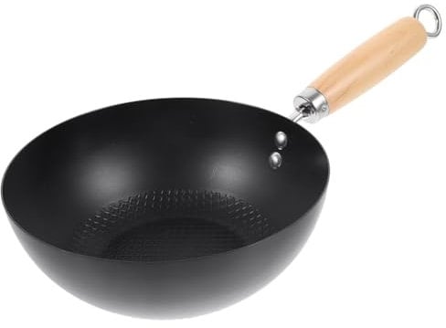 HOLIDYOYO Gusseisen-Wok Aus Karbonstahl, 24 Cm Tiefe Bratpfanne Mit Rundem Boden Und Holzgriff, Chinesischer Und Japanischer Wok Für Küche, Vielfältige Kulinarische Stile, Rezepte, Schwarz