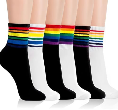Meifiyu 6 Paar Regenbogen Socke,Socken Pride,Damen Bunte Gestreifte Regenbogen Muster Socken,Socken für Lgtbq-Partyzubehör,Mehrfarbig,Einheitsgröße (Schwarz-Weiss)