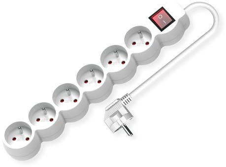 Value Regleta de 6 Tomas UTE con Interruptor, Tomas Redondas, Blanco, 3 m