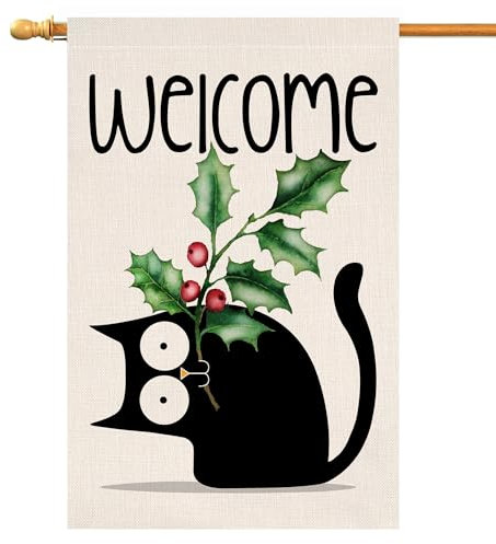 BLKWHT Bandera de casa de gato de Navidad de 28 x 40 pulgadas, vertical de doble cara, hoja de acebo de bienvenida, decoración exterior de arpillera, bandera de patio BW716-40