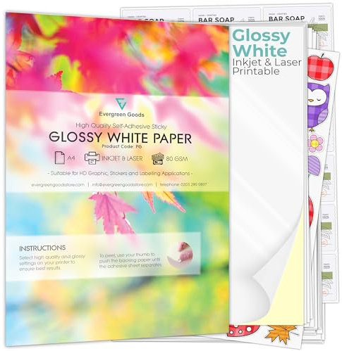 Evergreen Goods A4 White Glossy Self-Adhesive Sticker Paper | 1000 Sheets | Inkjet & Laser Printing | Durable Photo Paper | Sticky Back | Customisable Printable Label