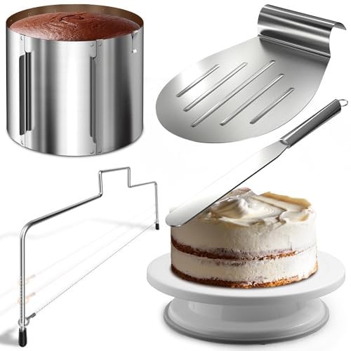 4smile Torten-Zubehör-Set 5 Teile - Tortenring verstellbar hoch 20 cm + Tortenschneider + Tortenheber + Tortenplatte drehbar + Streichpalette - Praktisches Backzubehör-Set