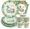 PARTY GO Ensemble de vaisselle jetable 96 pièces avec assiettes, gobelets et serviettes en carton motif dinosaure, fournitures de fête pour fête d'anniversaire, fête prénatale, fiançailles, pour 24