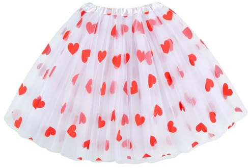 YUYWWAN Herz Tüllrock Damen, Tulle Skirt Weiß Tütü Damen Elastisch Tüllrock Herz Rosa Amor Kostüm Accessoires Flaumig Tüllrock für Valentinstag Ballettkostüme Karnevals