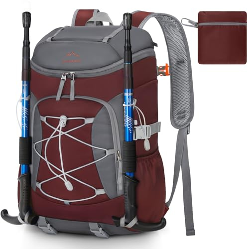 RAINSMORE Hiking Backpack 40L Foldable Lightweight Rucksack for Men with Ventilated Back Panel Water Resistant Travel Backpack Daypack for Walking Camping Trekking Cycling Outdoor Red
