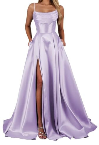 YIANN Satin Lilac Bridesmaid Dresses for Women with Slit Pleated Spaghetti Strap Long Prom Ball Gown UK12