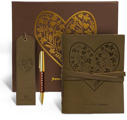 Leather Journal Embossed Heart Gift Set + Antique Leather Bookmark + Pen, Handmade Writing Notebook 8x6 Inches Unlined Bound Daily Notepad For Men For Women, Luxury Gift Box Diary for all ages