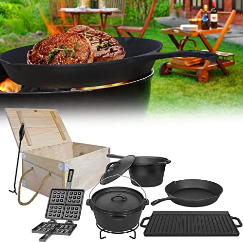 YZNAHRE Dutch Oven Set inkl. Saucentopf, Grillplatte, Stieltopf, Waffeleisen, Deckelheber und umfangreichem Zubehör – 11-teiliges Gusseisen-Set in Holzkiste, ideal für Feuertopf und Grilltopf