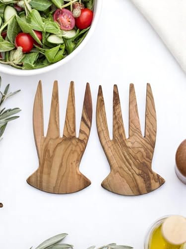 Olivenholz Salatbesteck Set 2 Stück – Handgefertigtes Salatbesteck aus massivem Olivenholz, Salathände, Salatgreifer und Salatgabel, Natürliche Holzmaserung, Hochwertige Küchenhelfer für Salat & Pasta