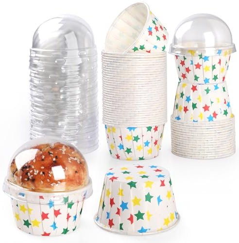 Bigqin 50 Sets Baking Cups with Lids 5.5oz Round Cupcake Liners White Stars Mini Cake Cups Disposable Laminated Paper Baking Liners for Pudding Muffin Desserts in Home Kitchen Wedding Party