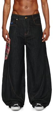 Aelfric Eden Super Baggy Jeans Y2K - Pantalon en denim pour homme et femme - Coupe large - Unisexe - Avec poche à carreaux - Vintage