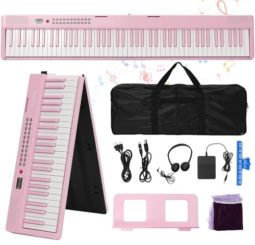 88 Key Piano Keyboard Folding Portable Keyboard Piano with Lighted Up Keys,Professional Pedal, Bluetooth, Headphone, MIDI,200 Sounds,80 Demo Songs,Lesson Mode for Beginners Pink