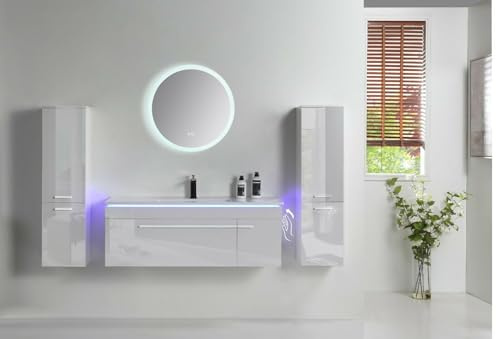 Faizee Möbel Badmöbel Set 90cm Weiß (Runder Spiegel, 2 Seitenschränke)