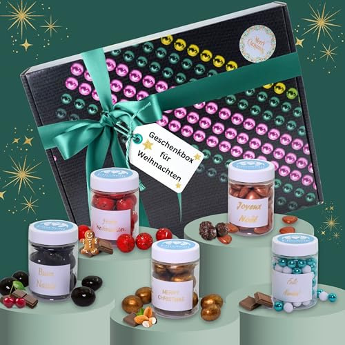 EinsSein Geschenk Weihnachten Box Merry Christmas | 5 verschiedene Kleinigkeiten aus Schokolade | Geschenkset für Eltern Freunde Männer Frauen | Geschenkkorb Süßigkeiten Set