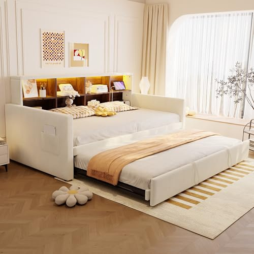 Luscriate Polsterbett Schlafsofa 90×190 cm mit ausziehbarem Doppelbett 180 cm, Kopfteil mit Stauraum, LED-Lichtleiste & Steckdosen (USB/Typ-C), Samt gepolstertes Multifunktionsbett (Beige, 90x190cm)