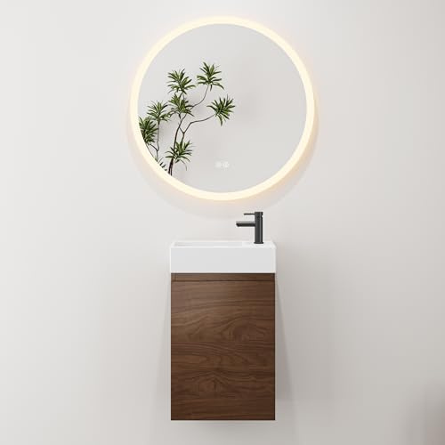 HOROW Badmöbel Set mit Waschbecken inkl. LED Spiegel Rund 80 cm, Gäste WC Kleines Waschbecken Waschtisch mit Unterschrank 40cm, Ohne Wasserhahn und Abfluss