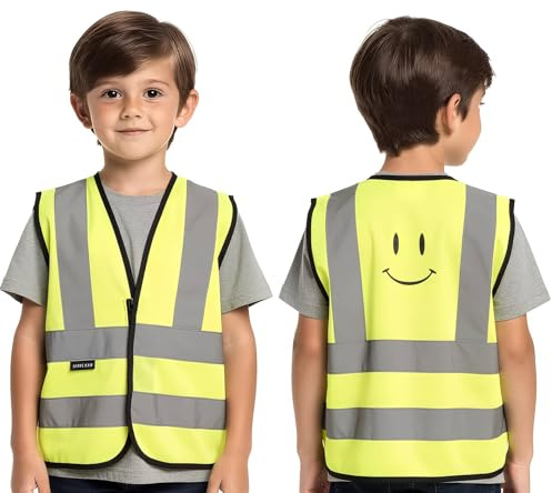 Sam Caan Kids Hi Vis Safety Vest Smiley Face Children Reflective High Visibility Jacket for Boys & Girls Child Hi Viz Waiscoat Outdoor Vest (Ages 6-9, 10-13 Years)
