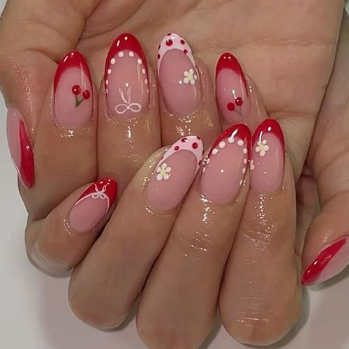 French Tip Nails With Glue, Press On Nails Almond, 24PCS Pink False Nails Medium Length Almond Full Cover Stick On Nails With Polka Dots Flowers Bows Cherry Pattern, Red Tips French Manicure