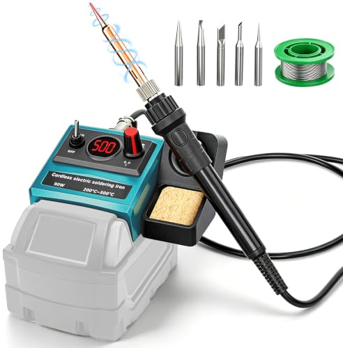 Cordless Soldering Station Compatible with Makita 18V Battery (No Battery) | 90W Soldering Iron Station, with 200-500℃ Adjustment, LCD Display, 5 Soldering Tips, Solder Coil, for DIY, Repair