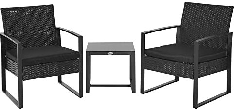 Outsunny 3 Pieces Rattan Bistro Set, Wicker Garden Furniture Set with Glass Top Coffee Table and Chairs, Washable Cushions for Outdoor, Patio, Balcony, Black