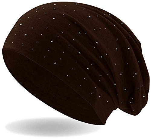 Hatstar Damen Beanie Mütze | mit edler Strass Nieten Applikation | Mädchen Mütze | elastisches Slouch Long Beanie | leicht und weich (Braun)