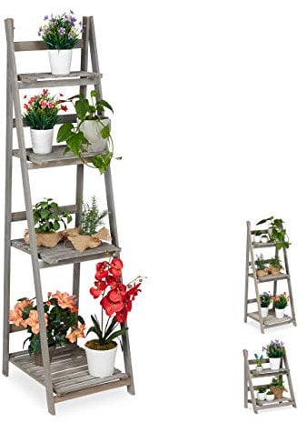 Relaxdays Soporte para Plantas, 4 Niveles, Estantería para Macetas, Madera, Plegable, Jardinera, 160x41x50 cm, Gris