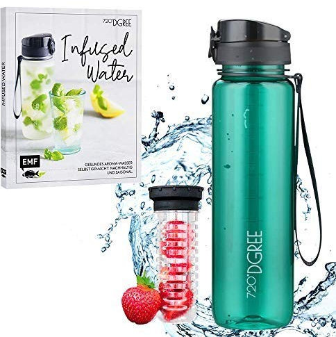 720°DGREE Bundle: Trinkflasche uberBottle + Rezeptbuch mit erfrischenden Sommerrezepten - 1000ml- crystalClear +Fruchteinsatz - Leckere Getränke für Schule, Sport, Fitness, Gym, Wandern, Outdoor