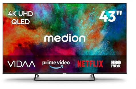 MEDION 108 cm 43 Televisor QLED Ultra HD Smart TV Dolby Vision HDR Prime Video Disney+ DAZN Dolby Atmos Vida Store PVR Bluetooth, MD843602