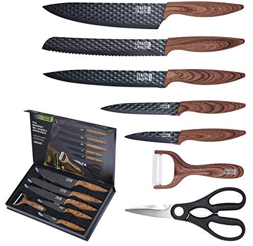 LEBENLANG Set Couteau Cuisine - 7 pièces avec éplucheur et ciseaux I Lot Couteaux Ustensiles de Cuisines knife professionnelle I Ensembles Kit Accessoire Accessoires inox pour cuisiner