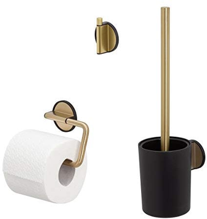 Tiger Tune Badaccessoire-Set, Edelstahl/Kunststoff, Messing gebürstet/Schwarz, 3-teilig, bestehend aus Toilettenpapierhalter, Haken und WC-Bürste, Montage ohne Bohren dank integrierter 3M-Klebefolie
