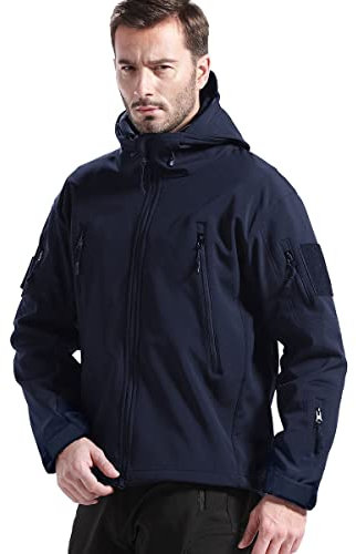 FREE SOLDIER Giacche Militari Softshell da Uomo Fodera in Pile da Esterno Giacca Antivento Impermeabile con Cappuccio Giacche tattiche Calde Multitasche per Escursioni di Caccia (Blu Navy,L)