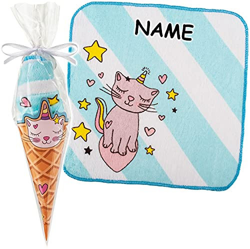 alles-meine.de GmbH Schule & Schulanfang Artikel frei wählbar Waschlappen/kleines Handtuch - ABC - inkl. Name - Katze/Einhorn - Eistüte - türkis blau - Frottee aus 100% ..