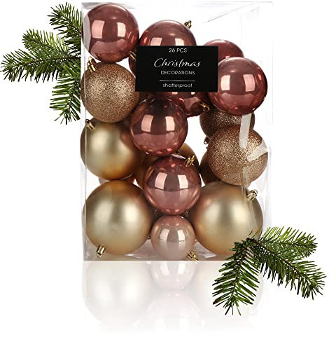 com-four® 26-teiliges Set Weihnachtskugeln - Christbaumkugeln aus bruchsicherem Kunststoff für Weihnachten - Baumschmuck für den Christbaum - Christbaumschmuck (rosa/violett/goldfarben)