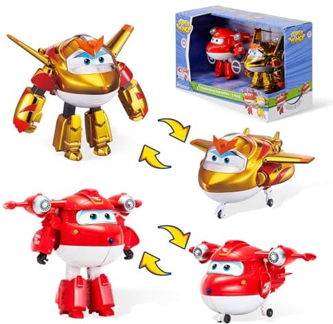 Mega Oyuncak Super Wings Saison 6 Figuren, Robots, verwandelbar, Cartoon-Design, Jett SC + Golden Boy, Spielzeug für Kinder 3 4 5 6 7 8 Jahre (2 x 12 cm)