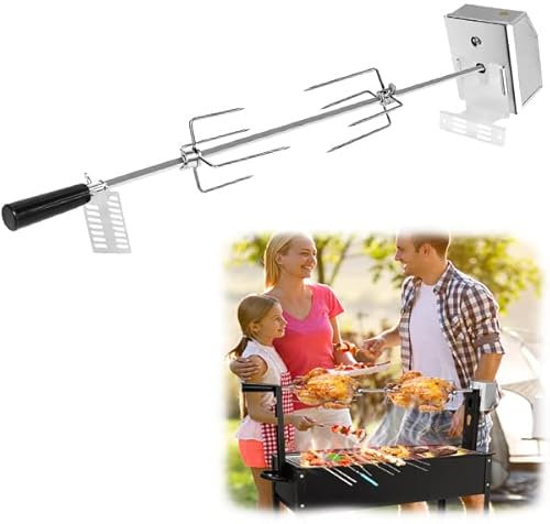 YUENFONG Lot de brochettes pour barbecue avec 2 pinces à viande, 1 moteur tournebroche électrique en acier inoxydable (moteur 220-240 V), 107 cm, pour rôtissoire, tournebroche et barbecue à gaz