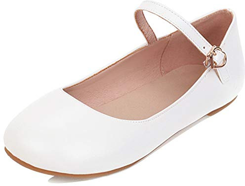 MJIASIAWA Women Ankle Strap Mary Jane Flats Ballerinas Dolly Shoes Buckle Casual Walking Comfy Round Toe Girls Ballet Flat White Size 2 UK/35 Asian